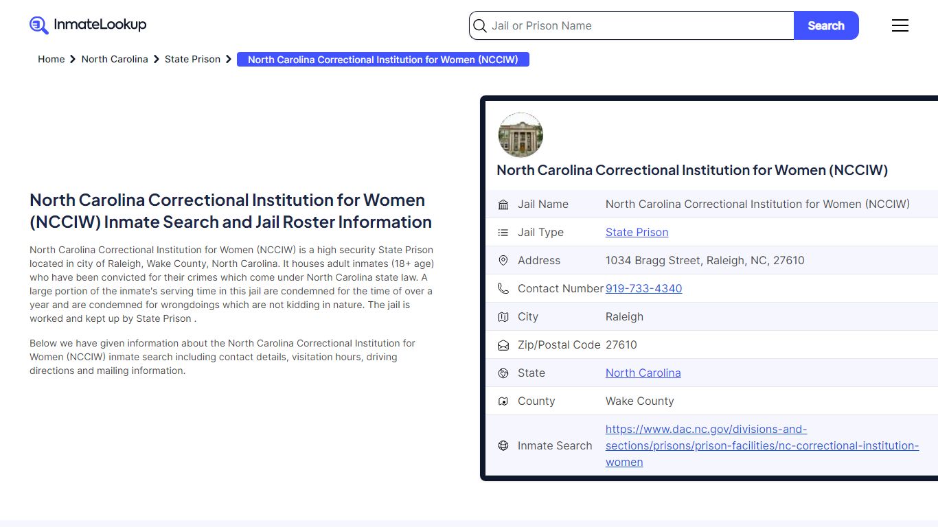 North Carolina Correctional Institution for Women (NCCIW) Inmate Search ...